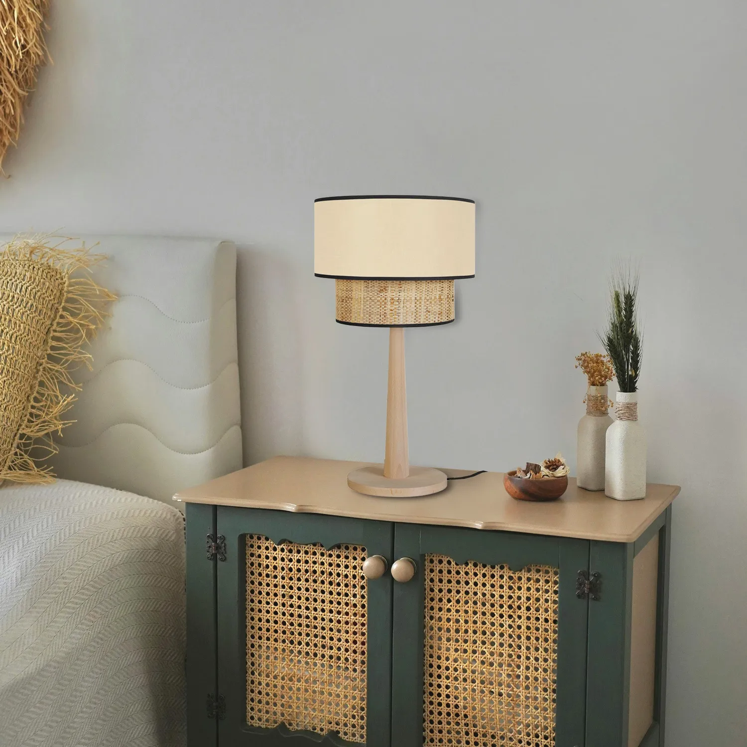 Tosel Cochin Lampada Tavolo Colonna Legno Crema 30x54 cm
