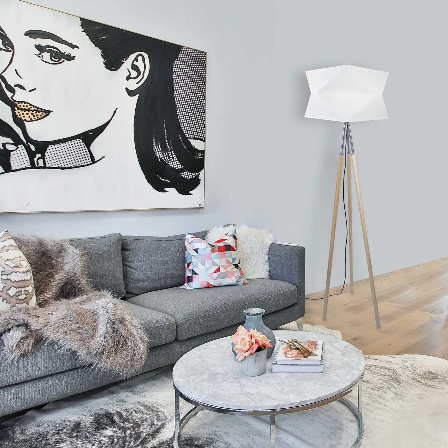 Tosel Goteborg piantana treppiede legno naturale alluminio 45x160cm