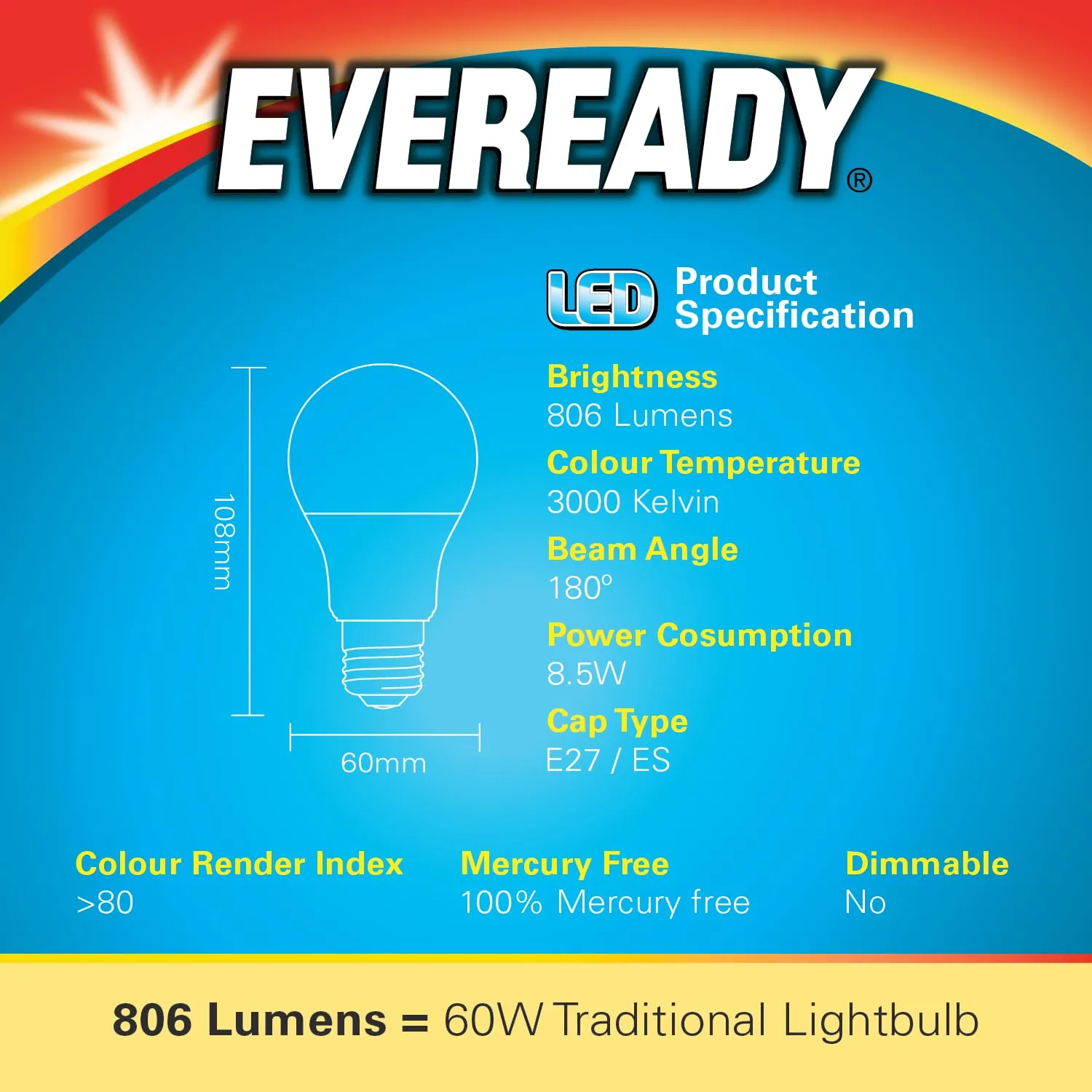 Eveready lampadina LED E27 8,5W 3000K 3 pezzi luce calda