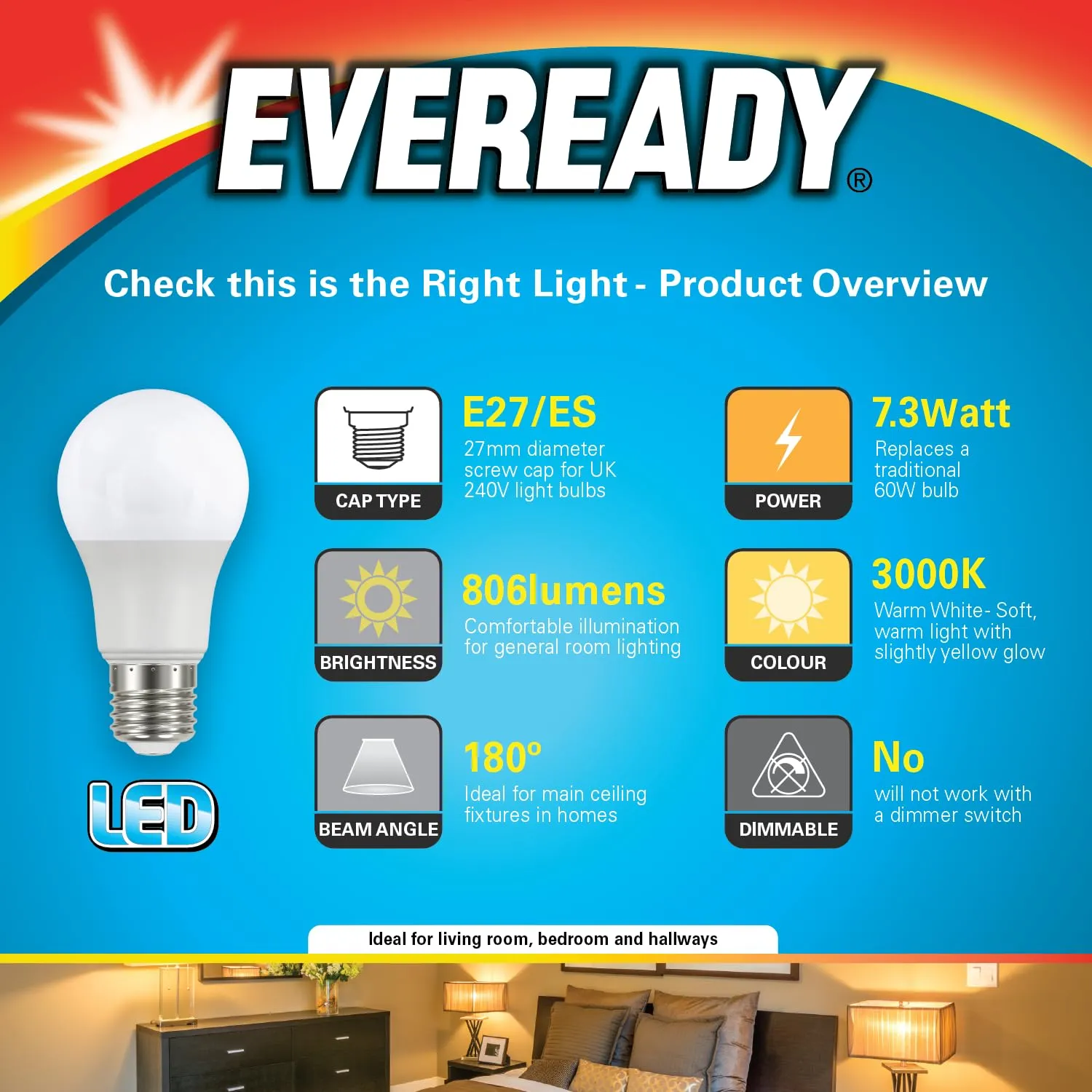 Eveready lampadina LED E27 8,5W 3000K 3 pezzi luce calda