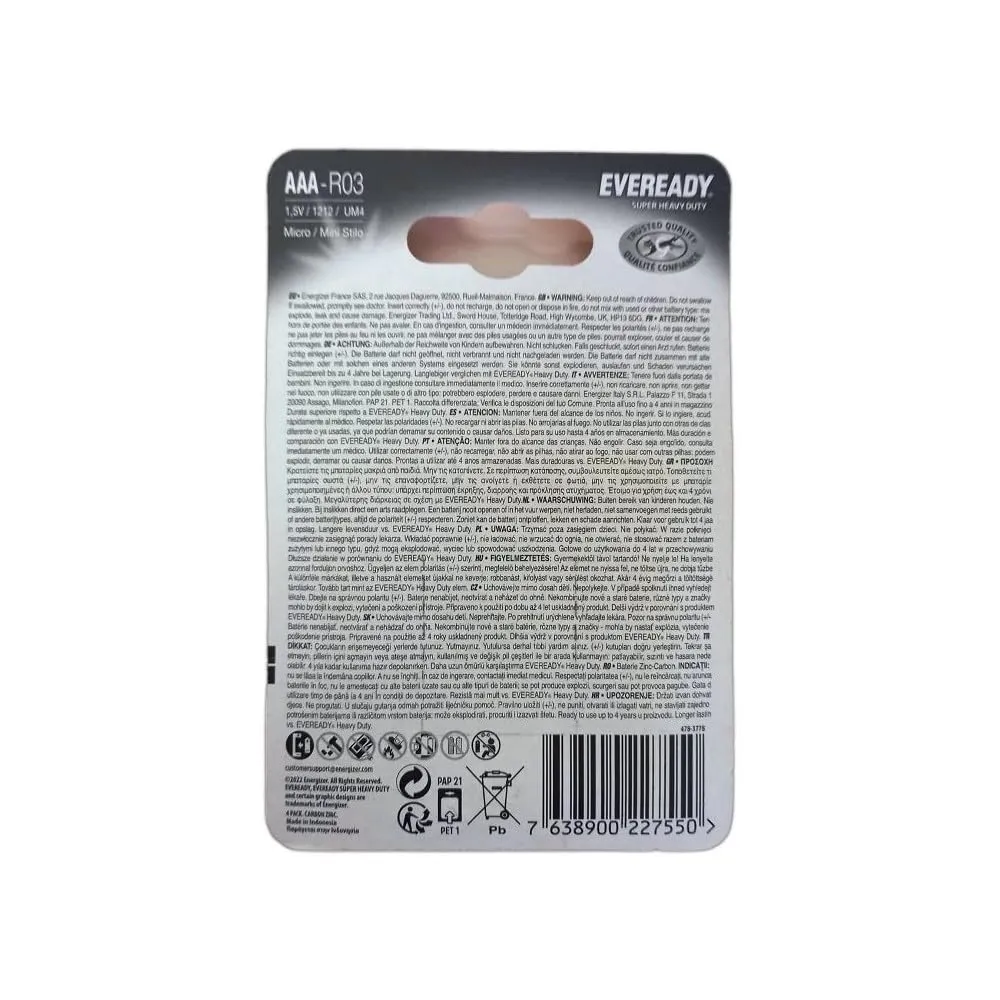 Eveready Super Heavy Duty batterie AAA 4 pezzi zinco