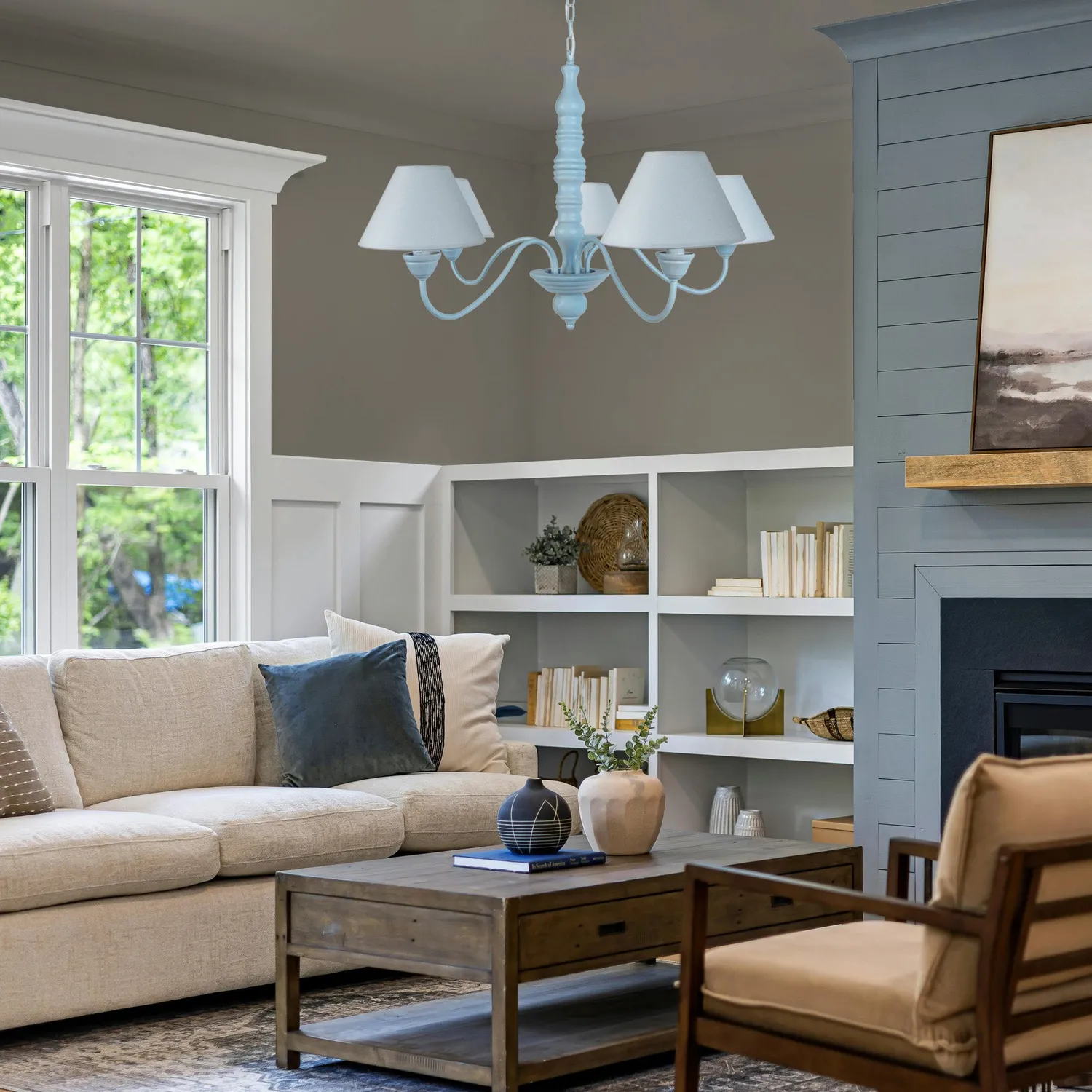 Tosel Menton lampadario legno 5 luci bianco 84 cm