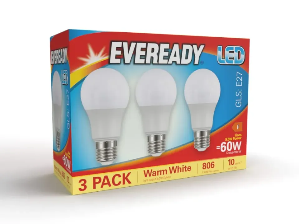 Eveready lampadina LED E27 8,5W 3000K 3 pezzi luce calda