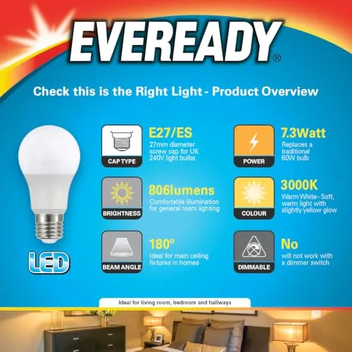Eveready lampadina LED E27 8,5W 3000K 3 pezzi luce calda