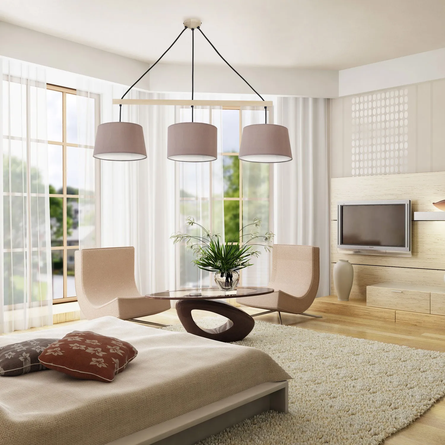 Tosel Amsterdam lampadario barra legno naturale 80cm 3 luci