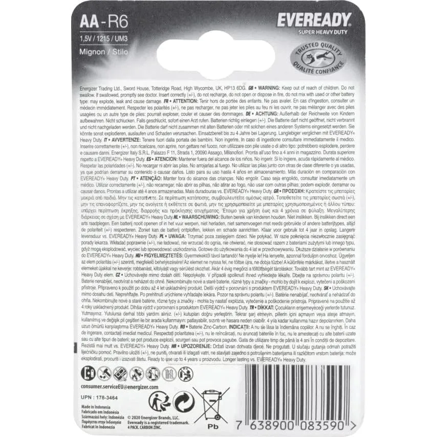 Eveready Silver Pila AA Zinco-Carbone Confezione 4 Pezzi
